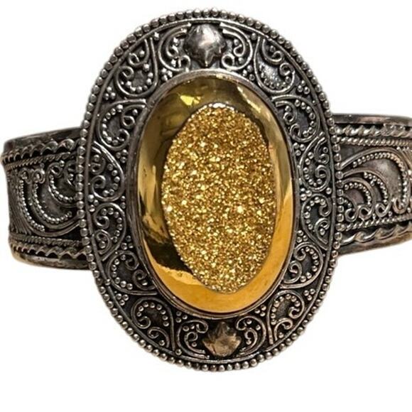 Indonesia Sterling Silver 925 Filigree Large Oval Gold Drusy Cuff Bracelet 41.5g - Picture 9 of 9